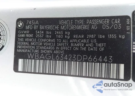 2003 BMW 7 Series 745I из США, поврежденный, VIN WBAGL63423DP66443